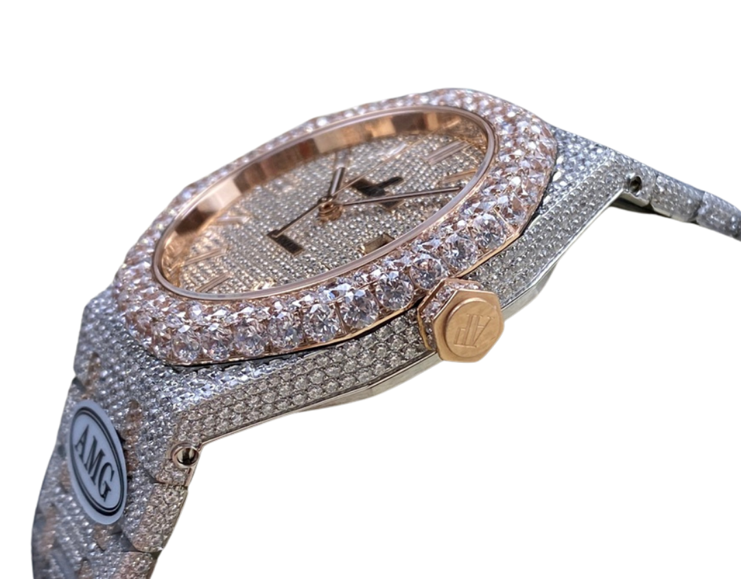 Royal Oak 15400 – Fully Iced Out (Peach & Silver Diamond Finish)