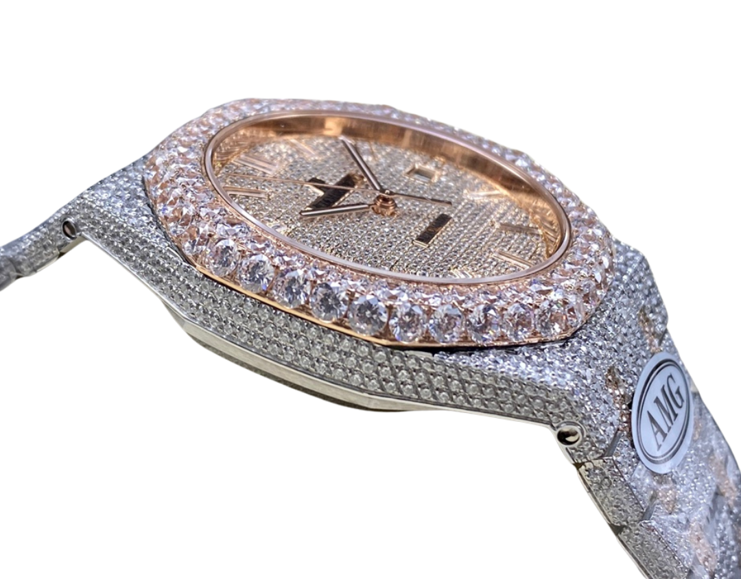 Royal Oak 15400 – Fully Iced Out (Peach & Silver Diamond Finish)