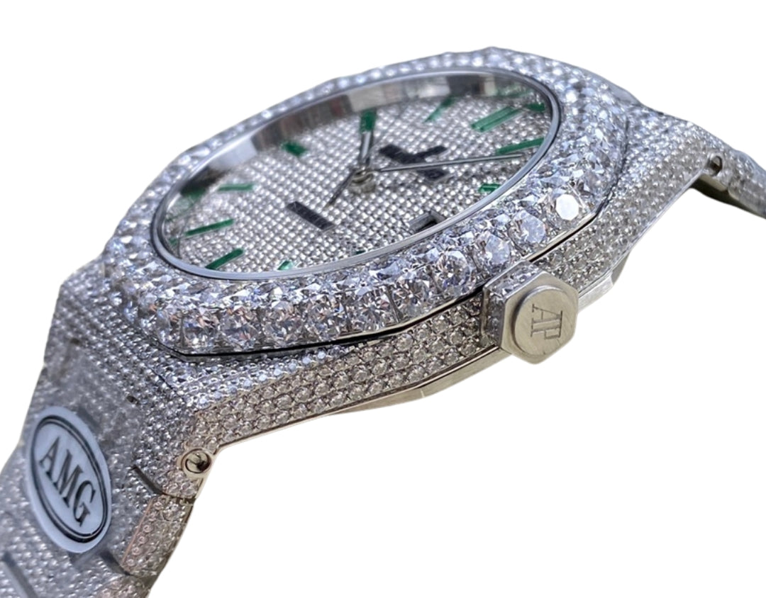 Royal Oak 15400 – Fully Iced Out (Silver & Emerald Green Finish)