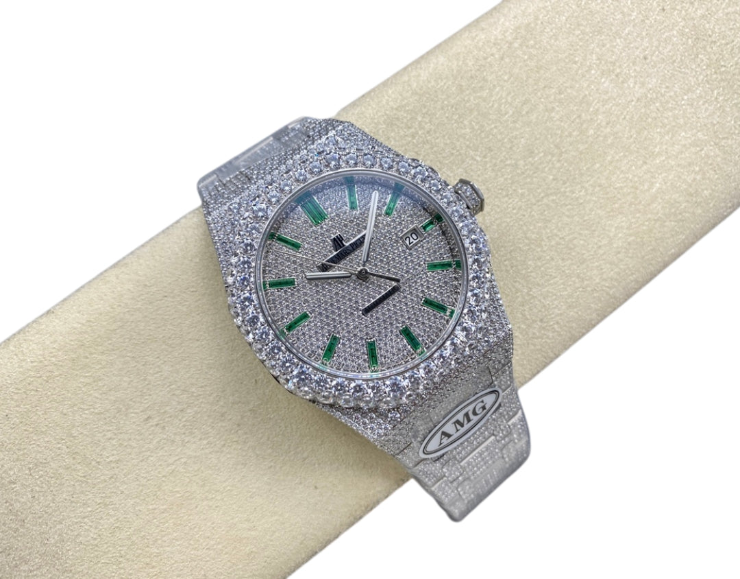 Royal Oak 15400 – Fully Iced Out (Silver & Emerald Green Finish)