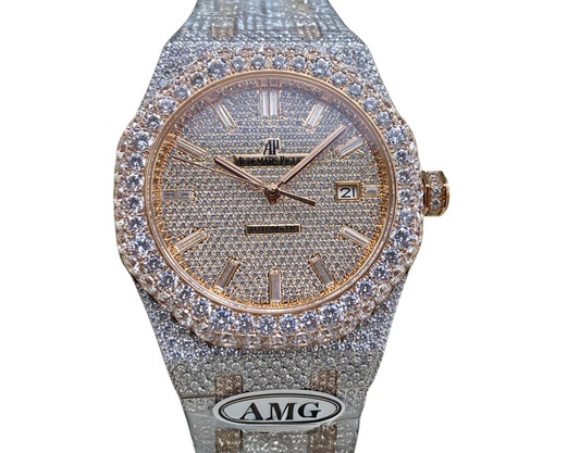 Royal Oak 15400 – Fully Iced Out (Peach & Silver Diamond Finish)