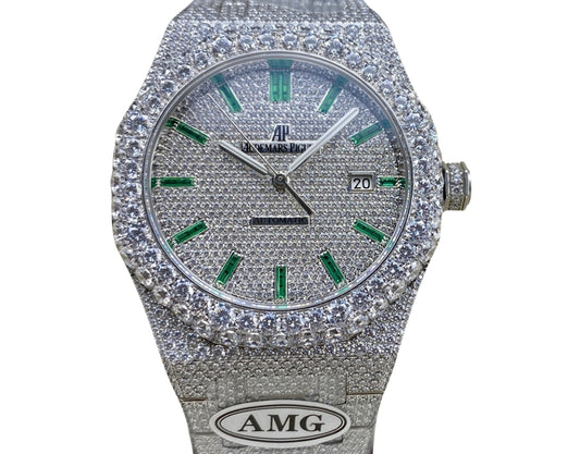 Royal Oak 15400 – Fully Iced Out (Silver & Emerald Green Finish)