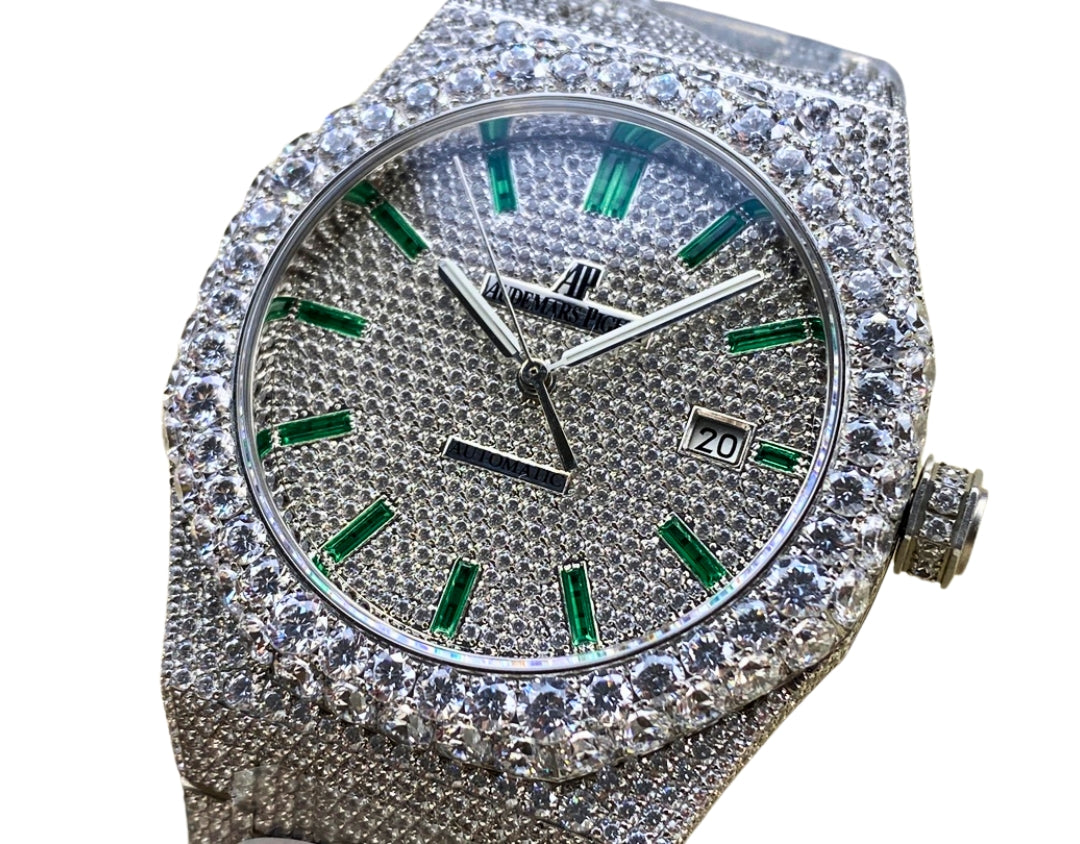 Royal Oak 15400 – Fully Iced Out (Silver & Emerald Green Finish)