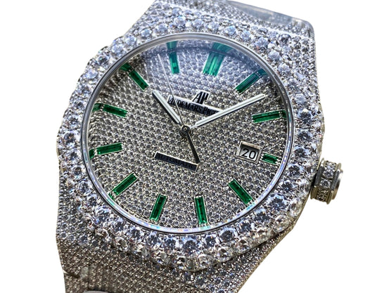 Royal Oak 15400 – Fully Iced Out (Silver & Emerald Green Finish)